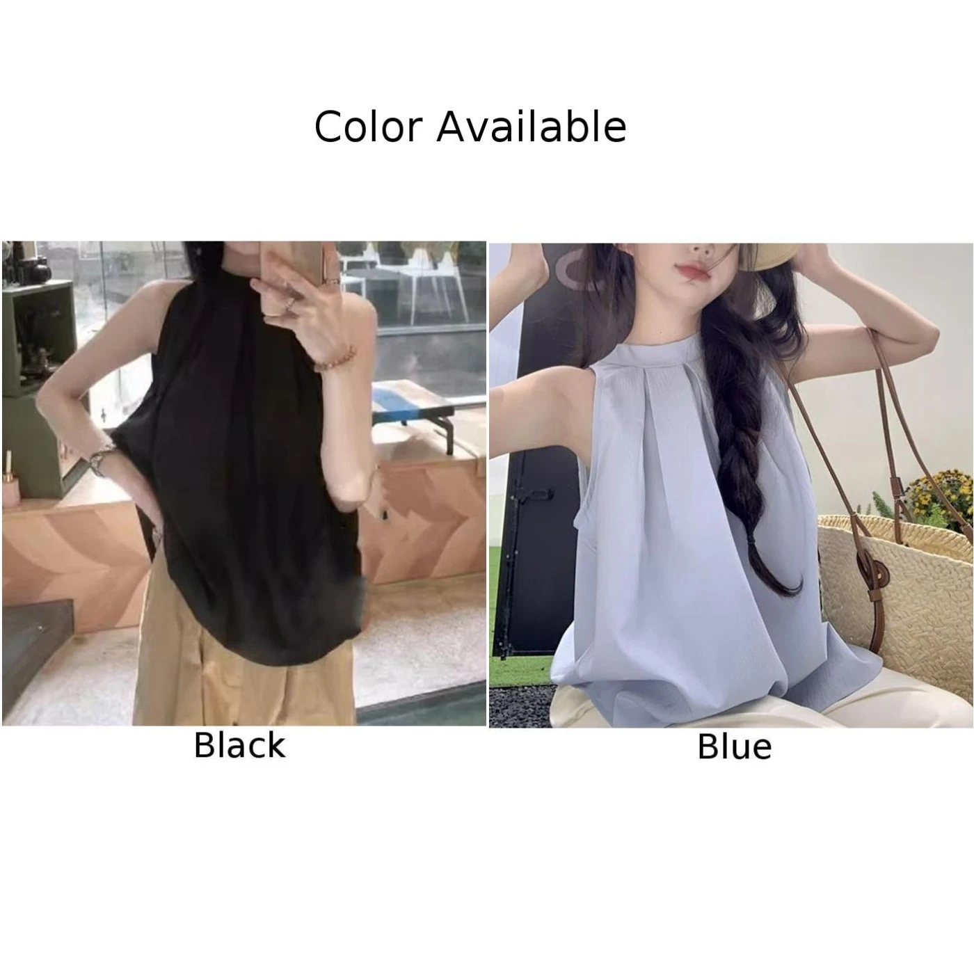 Chemisier noir sans manches, col licou, chemise à motif solide, vêtements printemps été automne, col rond, taille unique, convient à la plupart