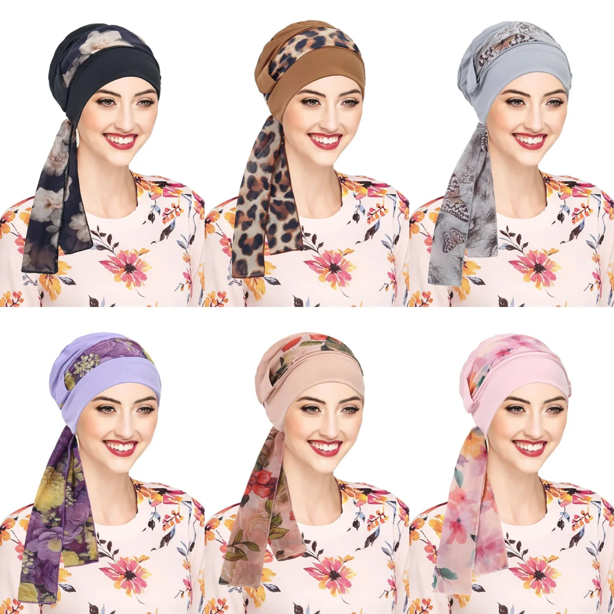 Trendy Women Flower Print Hat Soft Elastic Muslim Hijab Hats Long Tail Head Wraps Chemo Beanies Caps Cancer Bandanas
