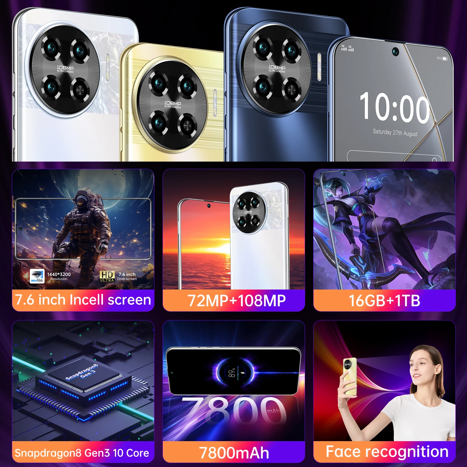 Global Version Spark20Pro  5G Smartphone 7.6 Inch 16GB RAM+1024GB ROM Snapdragon8gen3,108MP Camera 7800Mah Battery Android Phone