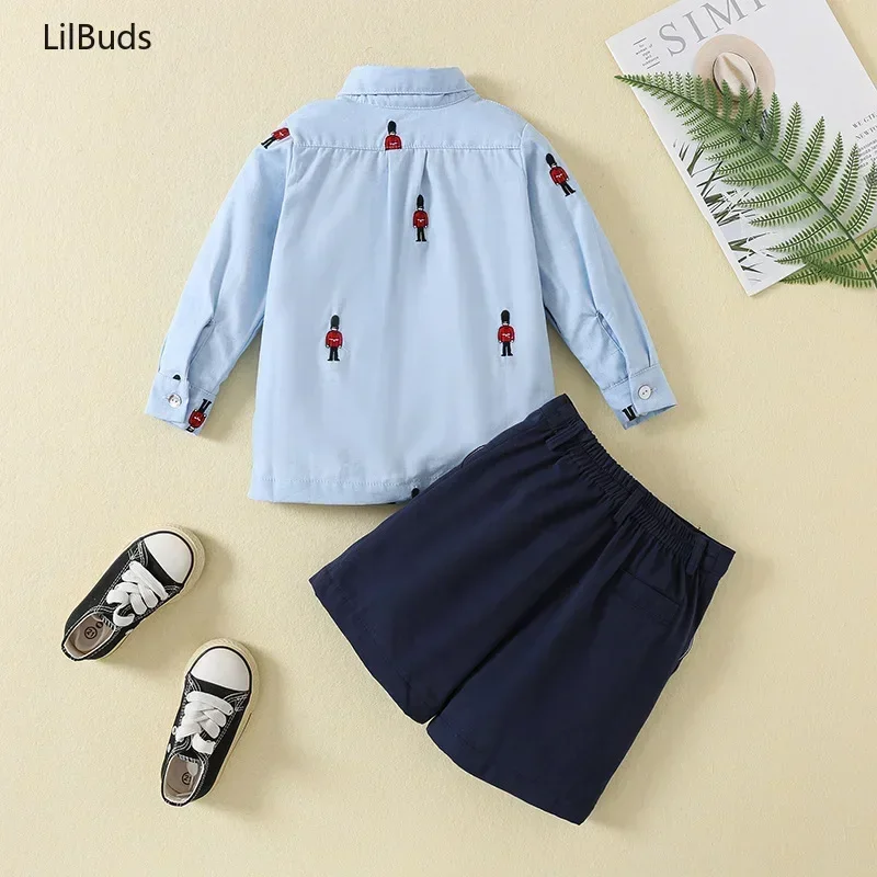 

2025 Boys Long Sleeve Cotton Shirt Pants British Style Clothes Cartoon Embroidered Soldier Pattern Two-Piece Set Spring Autumn