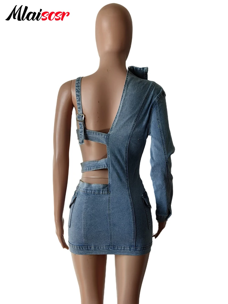 Mlaiscsr Blue Stretch Denim Backless One Shoulder Long Sleeve Mini Dress Women Sexy Night Club Cowboy Jean Birthday Party Outfit