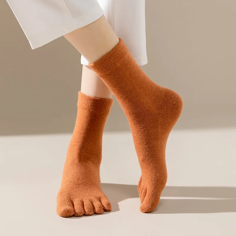 

5 Finger Wool Socks Solid Color Warm Socks Autumn Winter Mid-tube Five Toed Sox Multicolor Thick Elastic Tabi Coldproof Toe Sock
