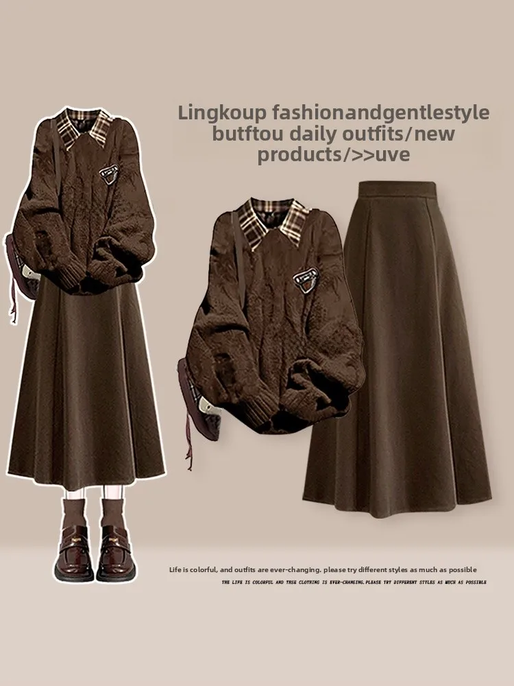 

Large Size Autumn Winter College Style Set Women's Anti-Aging Design Knit Shirt Plaid Skirt Three-Piece Set Casual Fashion