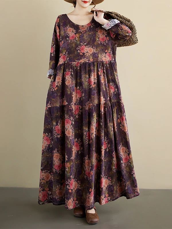 

Повседневное платье до колена с принтом, винтажное свободное платье Long Sve round Ne, женское длинное платье из смеси хлопка и льна Dr Ci Walk