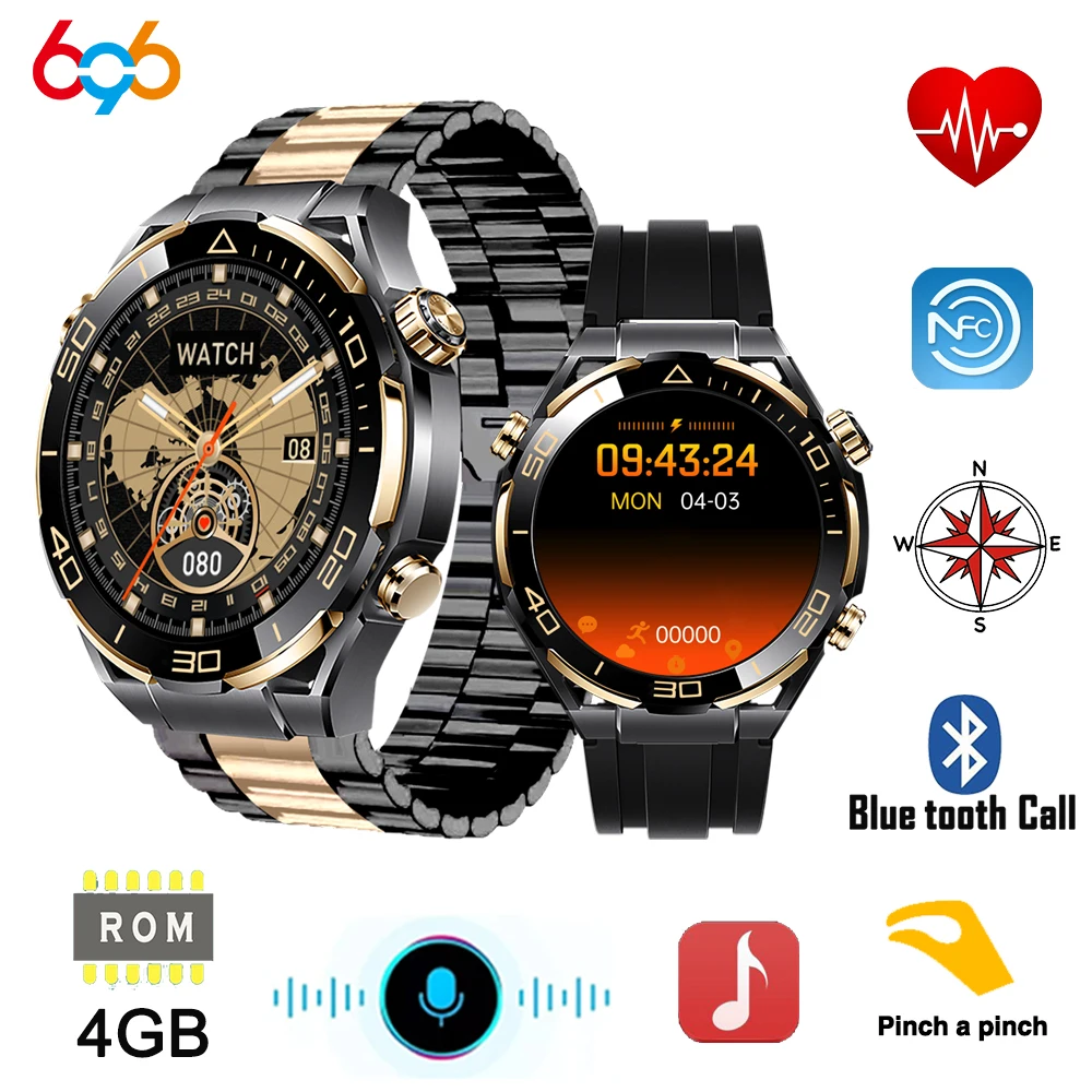 

1.62" Men 4GB Memory Music Play Sound Recording Smart Watch Compass NFC Wireless Charge Sports Fitness Heart Rate Smartwatch