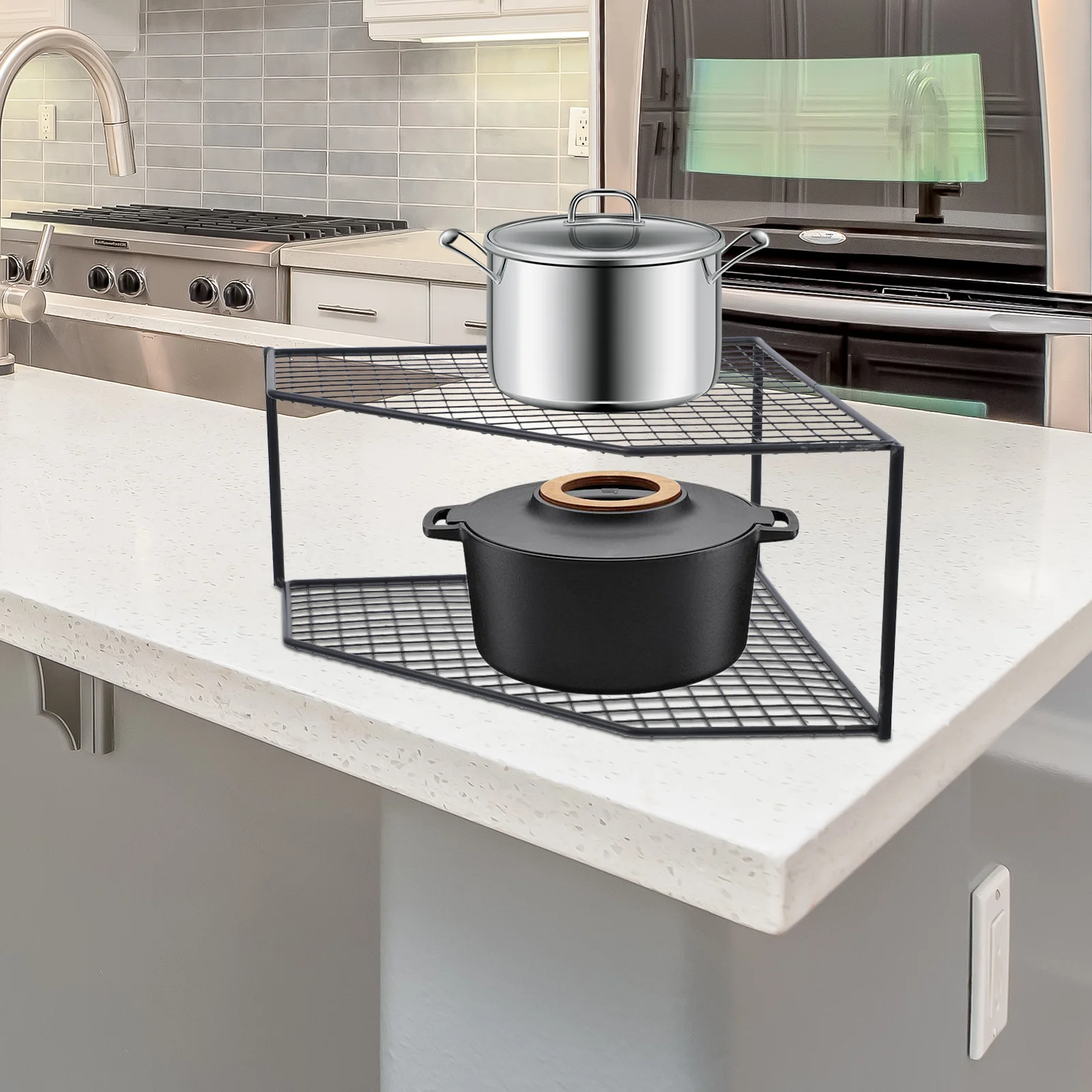 

Kitchen Pot Rack Storage Organizer Tiered Shelf Corner Display Pan Holder Household Multi-Function Rack Home Accessory