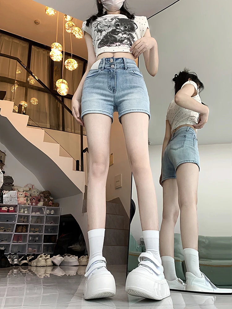 

High Waist A-Line Short Jeans Women's Summer Thin Straight Leg Slimming Hot Pants Vintage Style Cotton Blend Ladies' Denim ...