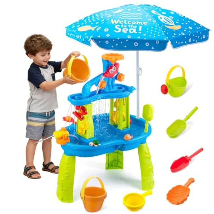 Outdoor 3-tier water table for toddlers 3-5 and kids up to 8 years, durable plastic, blue, adjustable umbrella, sensory play an