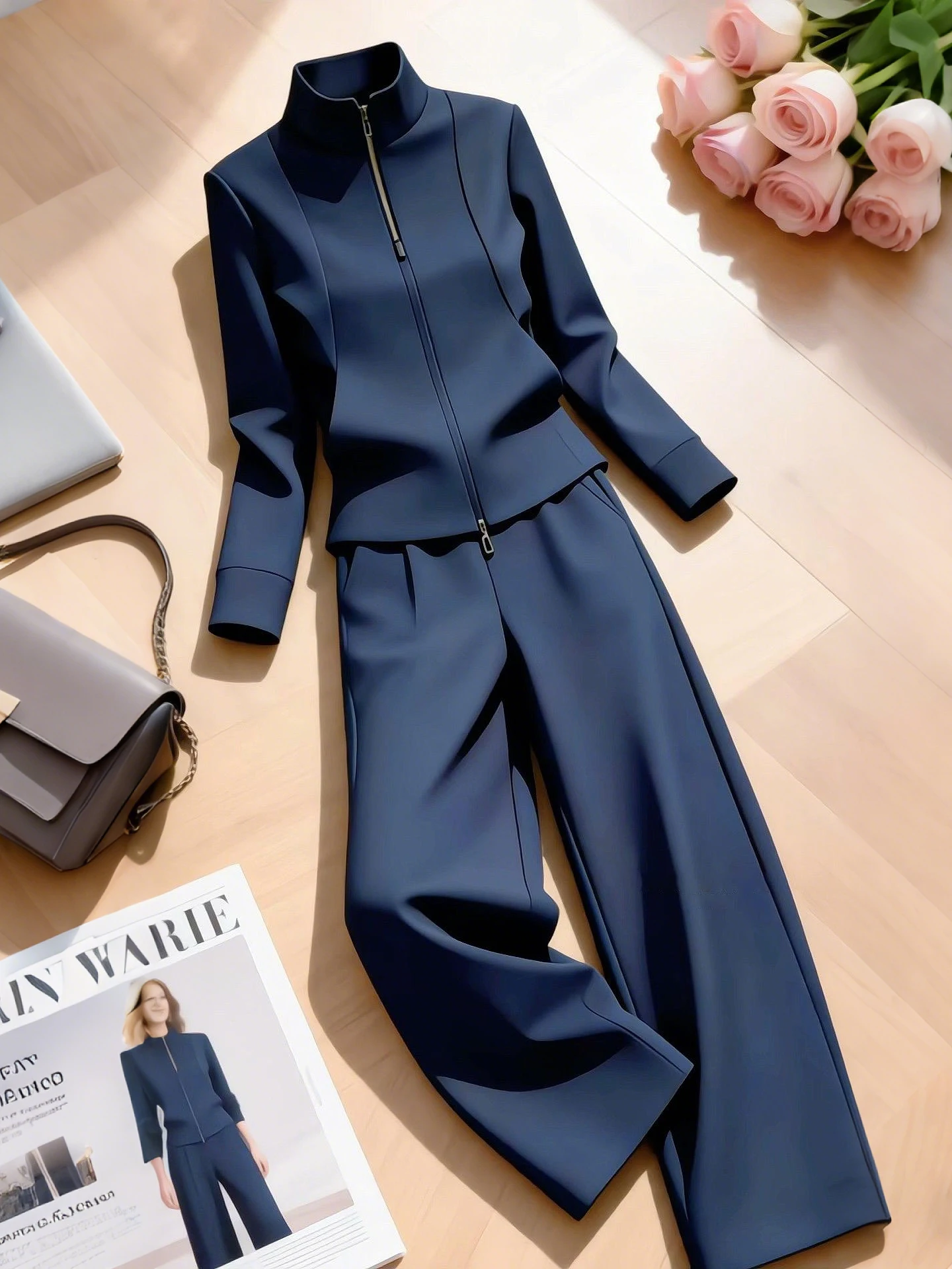 

Spring Fashion Set 2026 New Women's Loose Stylish Stand Collar Sweatshirt High Waist Wide Leg Pants Two Piece Set Casual Wear