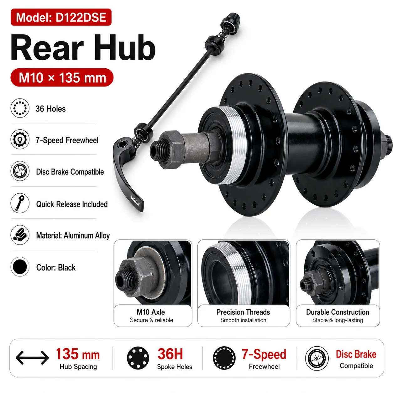 Bicycle Hub M10x135mm 36H 7 Speed Freewheel Disc Brake Hub with Quick Release Skewer Aluminum Alloy Bike Rear Wheel Hub for MTB Road Mountain Bike Cycling Replacement Parts Black