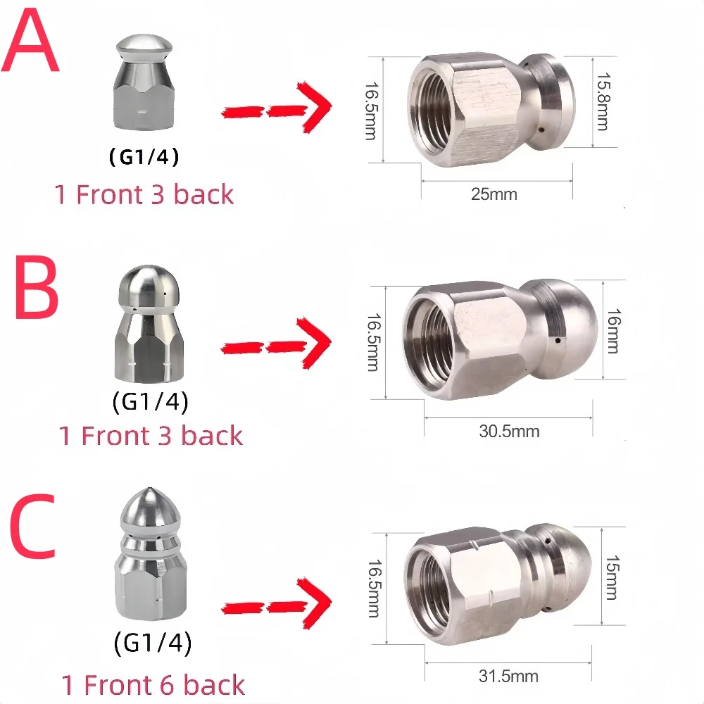 High Pressure Cleaning Machine Nozzle Sewer Drainage Cleaning Nozzle G1/4 Stainless Steel  High Pressure Nozzle Cleaning Tools