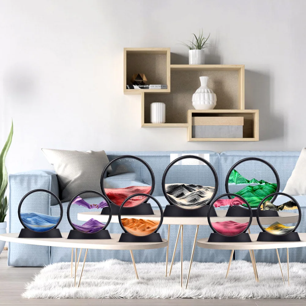 Moving Sand Art Picture Round Glass 3D Hourglass Deep Sea Sandscape In Motion Display Flowing Sand Frame 7inch For home Decor