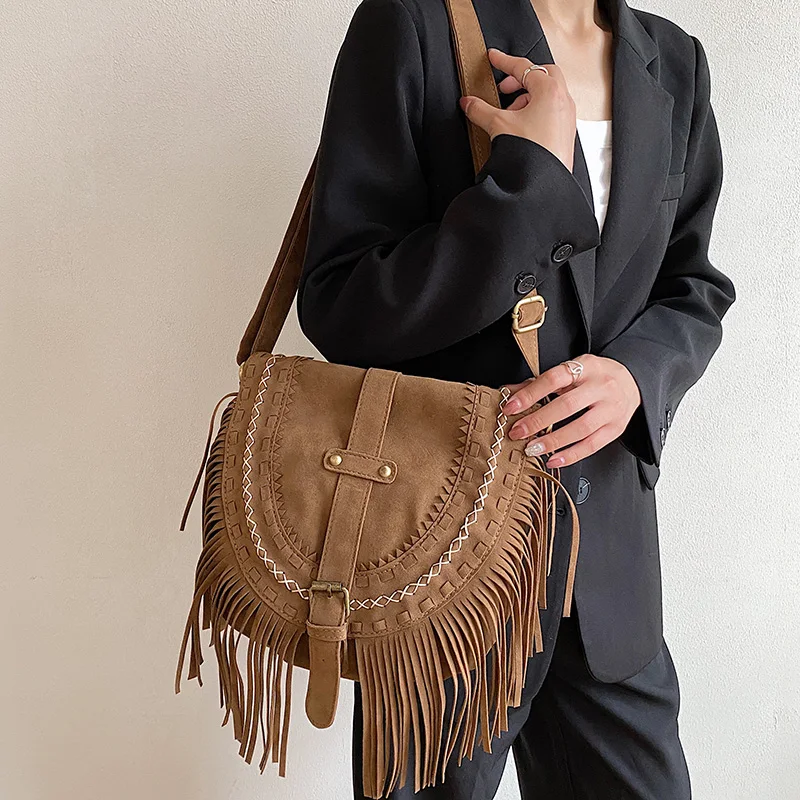 Women\'s Bags on Sale 2023 High Quality Fashion Retro  Suede Tassel  Womens Shoulder Crossbody Messenger Bag Tassel Boho