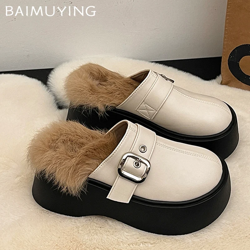 Women Fur Platform Women Mules Shoes Leather Short Plush Mid Heels Cotton Shoes 2025 Trend Winter Designer Cozy Warm Botas Mujer