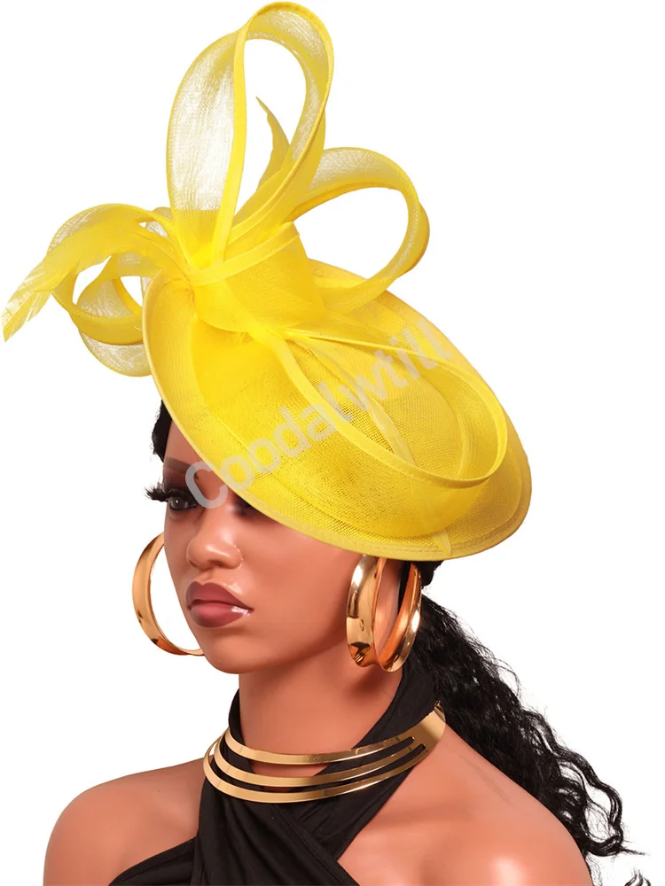 

Wedding Yellow Fascinator Hat Elegant Women Hair Clip For Ladies Derby Party Tea Headpiece Bride Wedding Chapeau Cap Headband