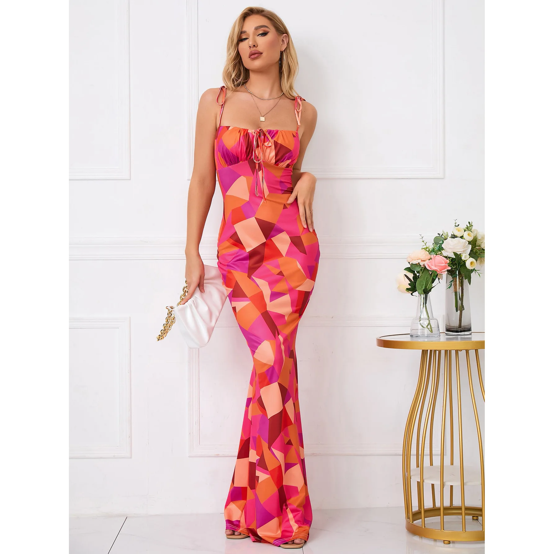 Vestidos ajustados con estampado de flores y tirantes finos para mujer, vestido Sexy de corte bajo con cordones en la cadera, vestido largo ajustado a la moda para fiesta