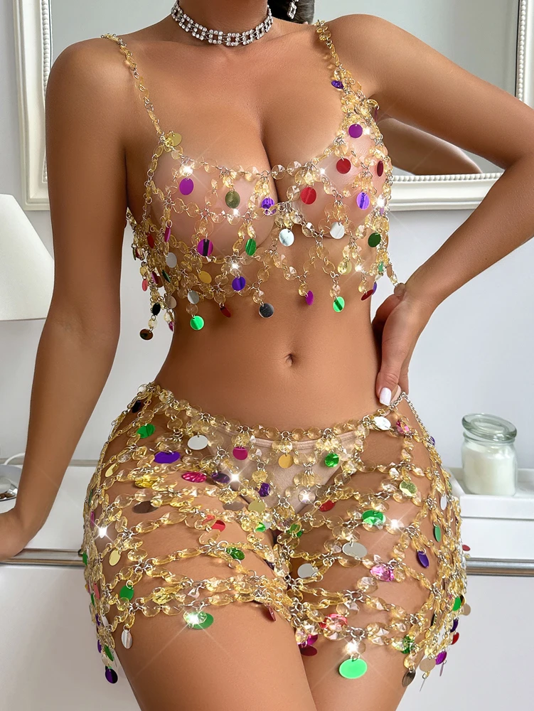 Colorful Rhinestone Body Chain Two Piece Outfit Set for Women 2024 Summer Sexy Club Hollow Out Halter Top and Skirt Suit