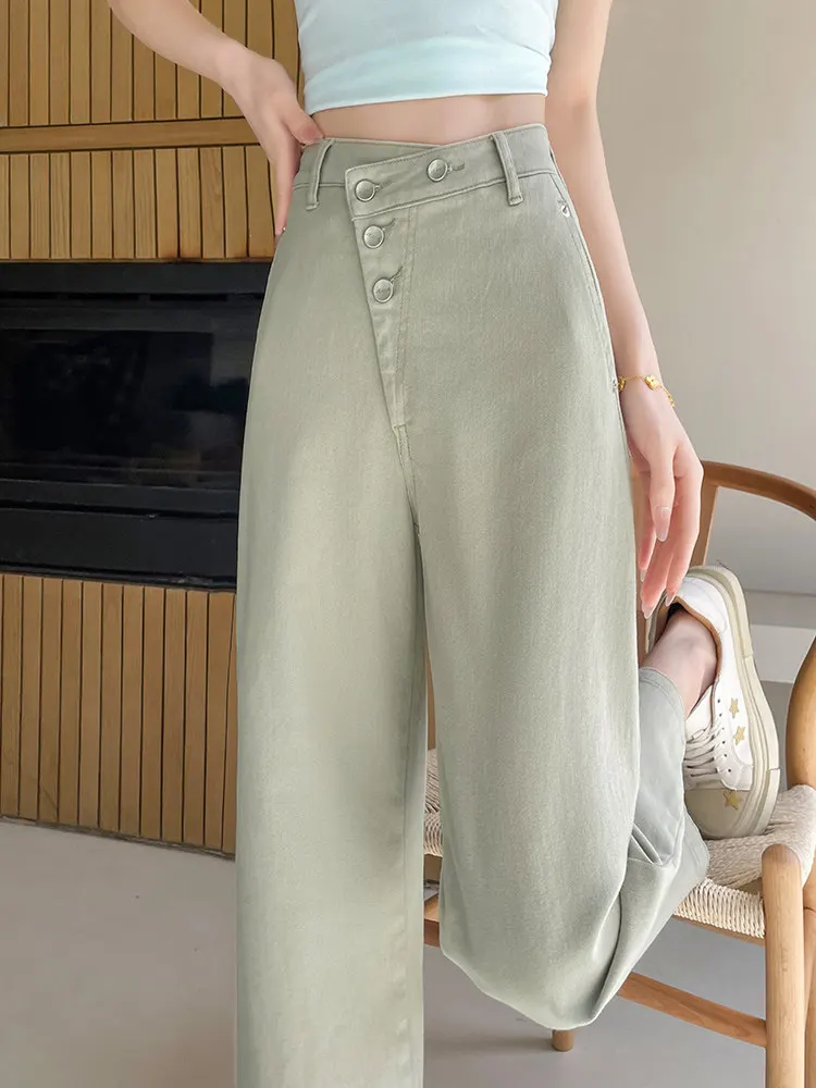 Women's narrow version straight leg jeans autumn new button design sense niche high waisted fashion casual solid pants