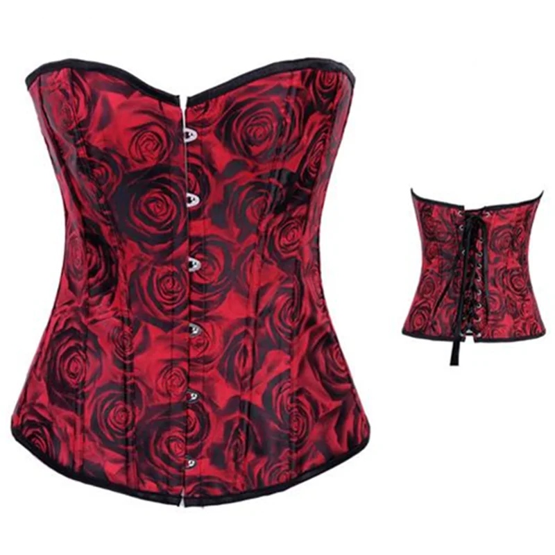 Red Rose Print Bones Sexy Bustier And Corset For Women Vintage Corset Gothic Lace Up Overbust Satin Body Shape Lingerie Corselet