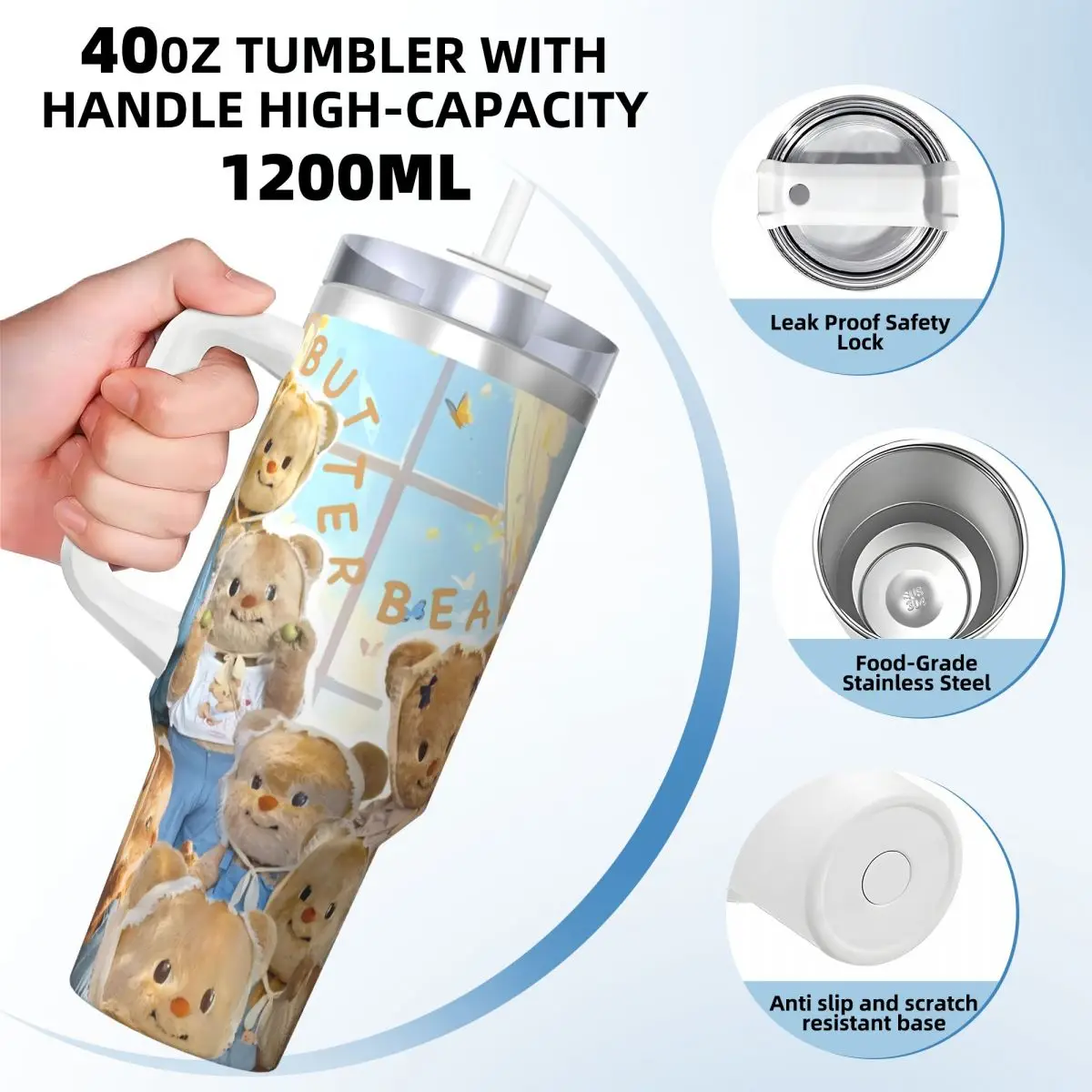 ButterBear Collages Tumbler Cold Drink Water Bottle Portable Stainless Steel Thermal Mug Custom Beach Car Mugs