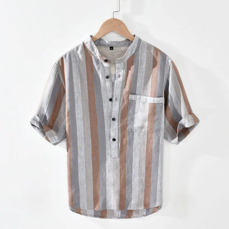 Men's Summer Retro Linen Five-quarter-sleeved Japanese Style Color-blocking Linen Striped Loose Stand-collar Short-sleeved Shirt