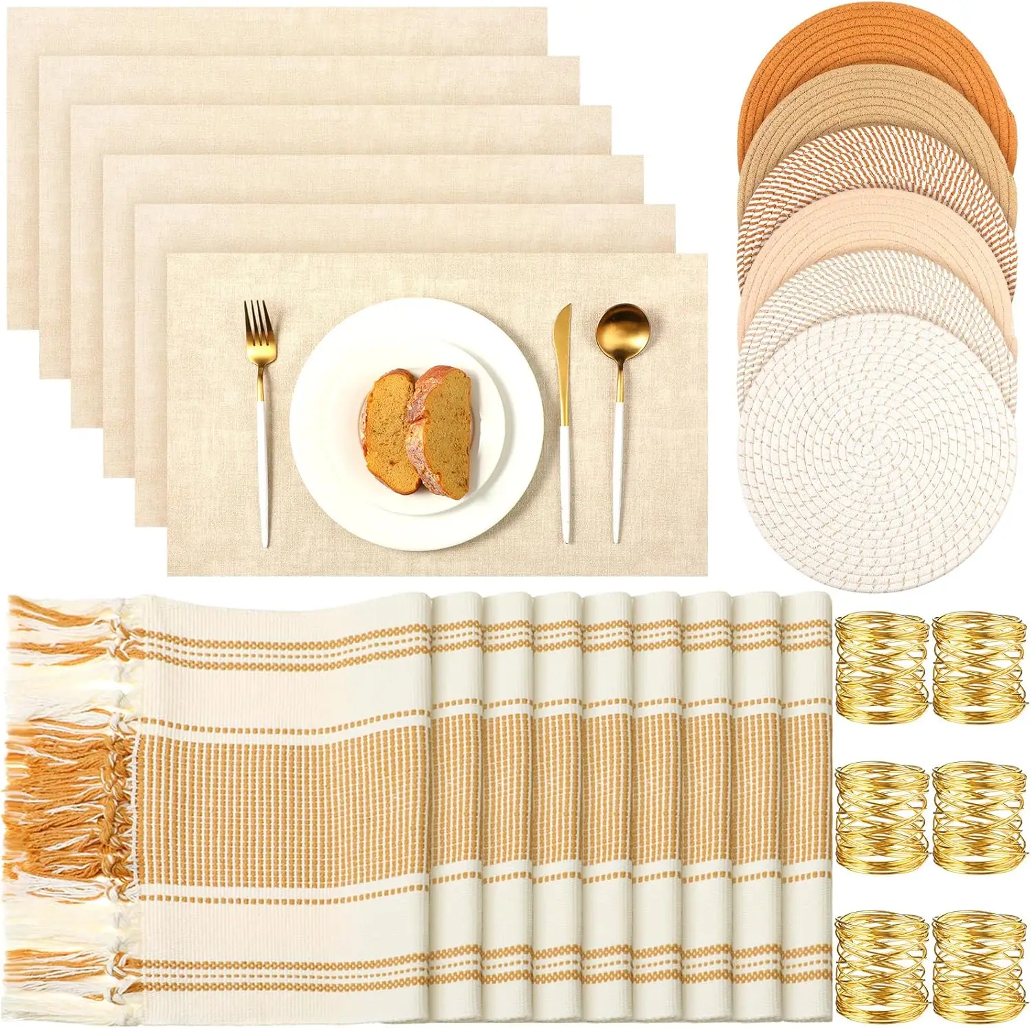 

19-Piece Macrame Table Set with Tassel Runner, Placemats & Napkin Rings for Fall Halloween Christmas Wedding Decor