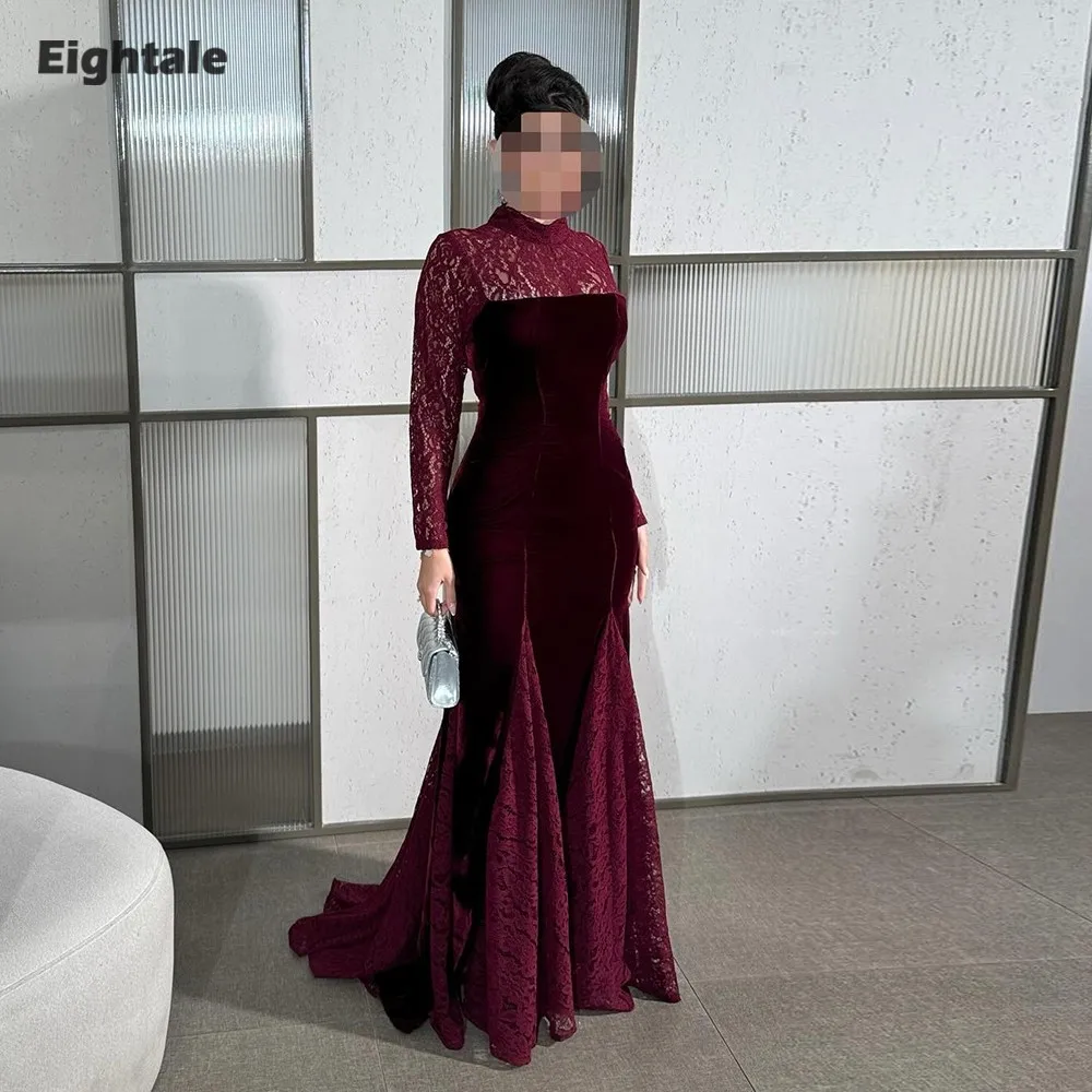 

Eightale Velvet Evening Dress for Wedding Party Customized O-Neck Lace Burgundy Mermaid Arabic Prom Gowns Robes De Soirée