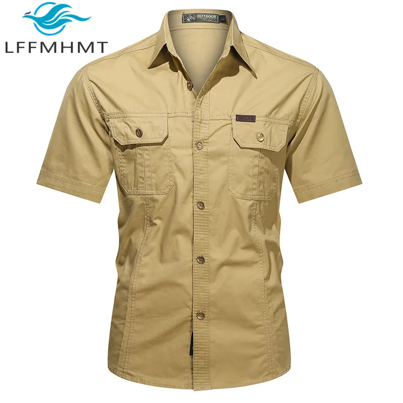 Men 2026 Summer Fall Short Sleeve Work Shirt Solid Slim Fit Casual Trendy Layering Comfort Versatile Button Down Cargo Tops