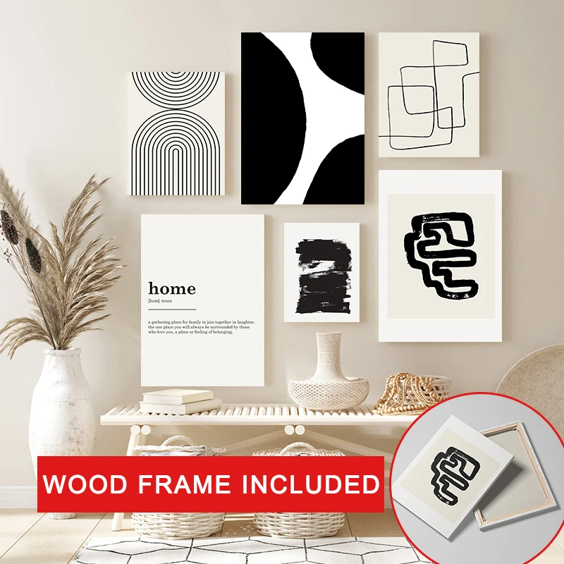 

Framed Abstract Simple Lines Wall Art Home Decor Black and White Canvas Painting Modern Posters Pictures for Interior Room