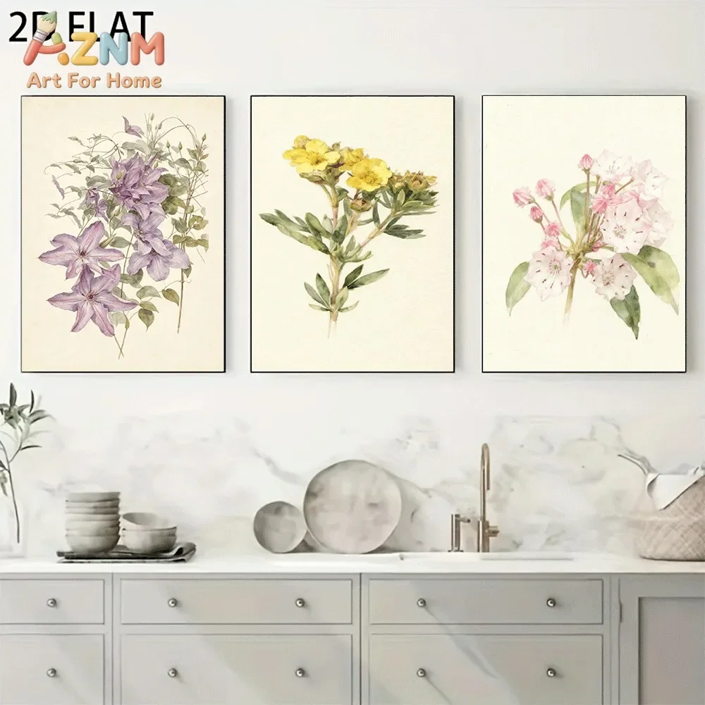 AZNM Frameless Canvas Wall Art, Vintage Botanical Purple Yellow Pink Flower Print, Antique Watercolor Floral Wall Decor for Livi