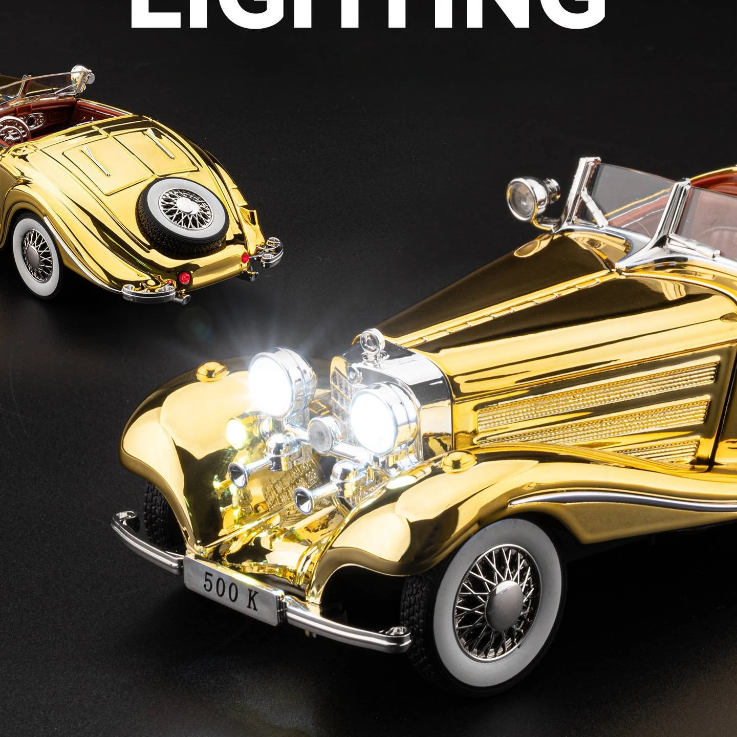 

1:24 500K классический автомобиль из сплава металла, литая под давлением модель автомобиля, звук и свет, настольная коллекция, украшения для хобби