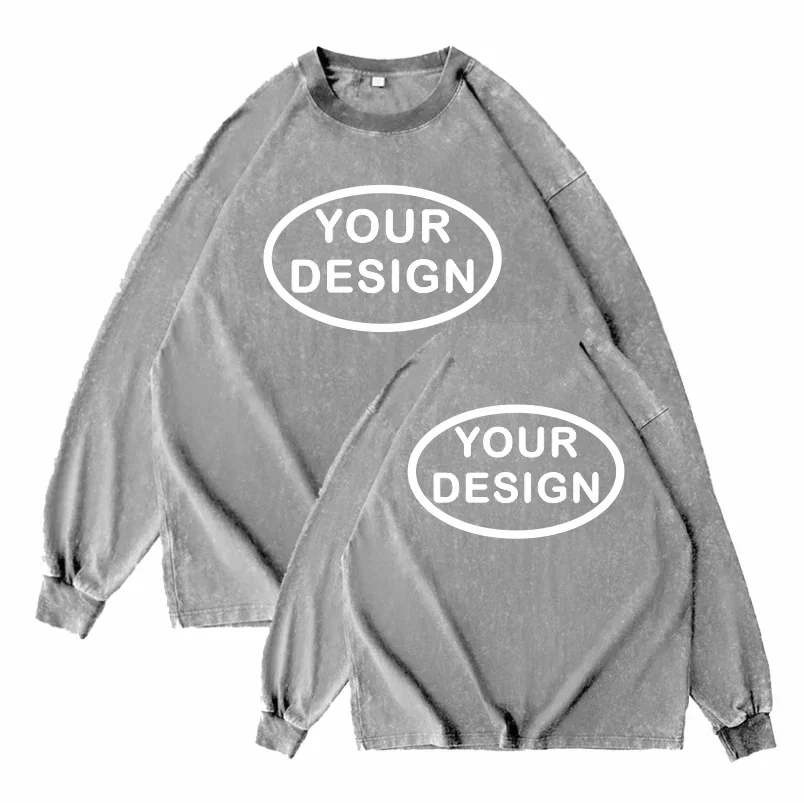 Men's Vintage Washed Cotton Oversized T-Shirt Hip Hop Streetwear Retro Long Sleeve Tee with Custom Logo High Street Casual Top