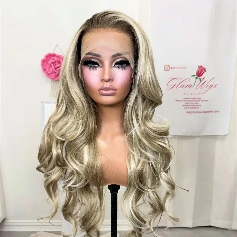 

Good Quality Wig 13x4 Ombre Ash Blonde Balayage Luxury Synthetic Lace Front Wig Preplucked Hairline Party Daily Cosplay Wigs