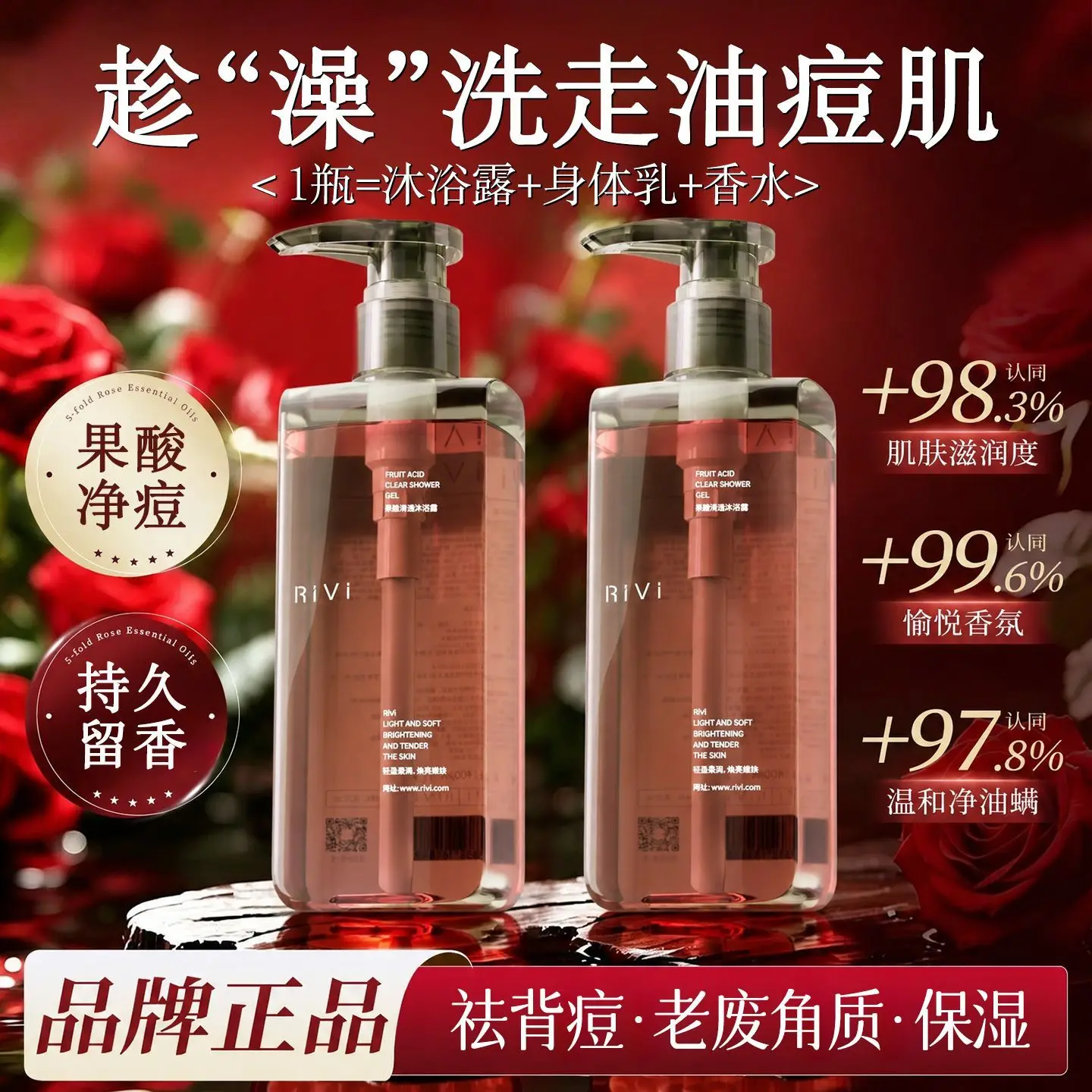 RiVi AHA Body Wash Oil Control Gently Exfoliate Soothe Dry Discomfort Clarify Pores Back Body Breakouts Smooth Refreshing