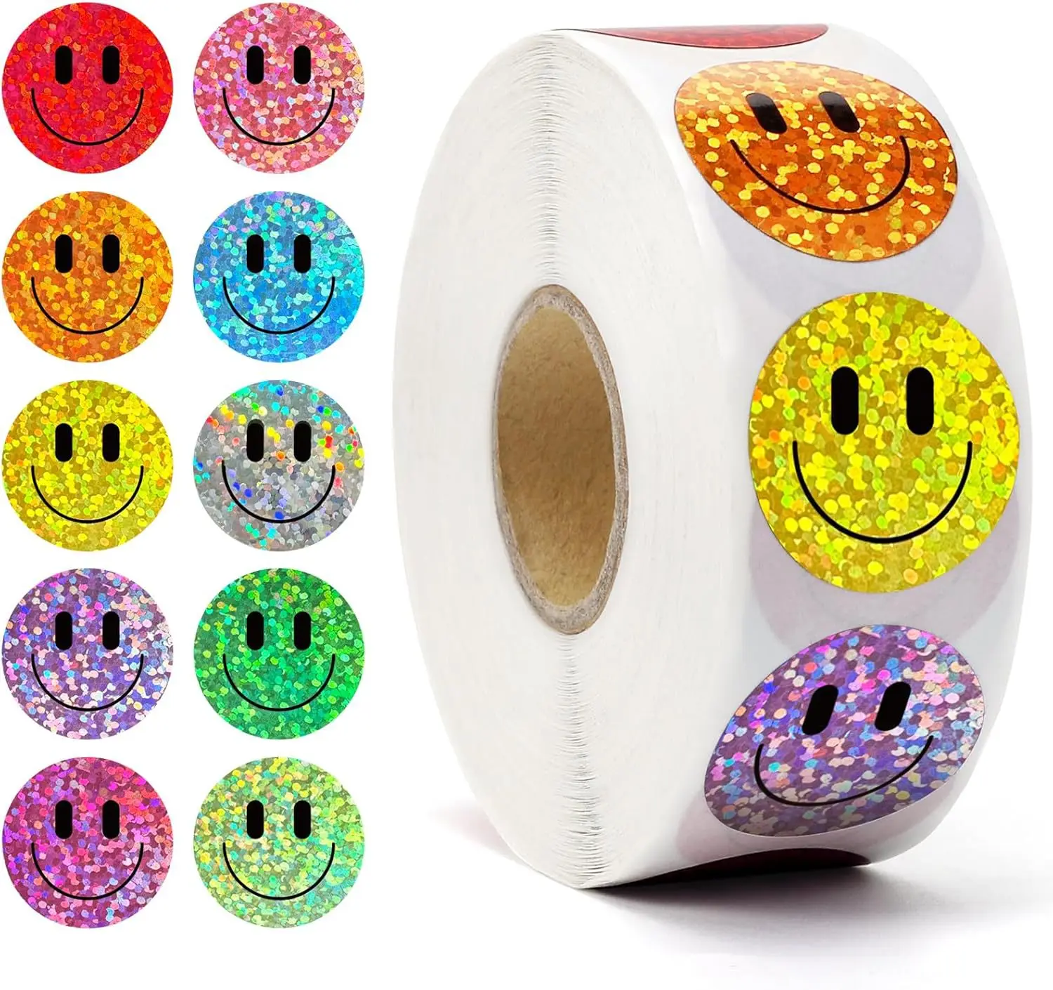 Rollo de 500 Pegatinas de Caras Sonrientes, Pegatinas Láser Coloridas de Caras Felices para el Aula, Regreso a Clases, Cumpleaños, Recompensa para el Maestro, 1 Pulgada
