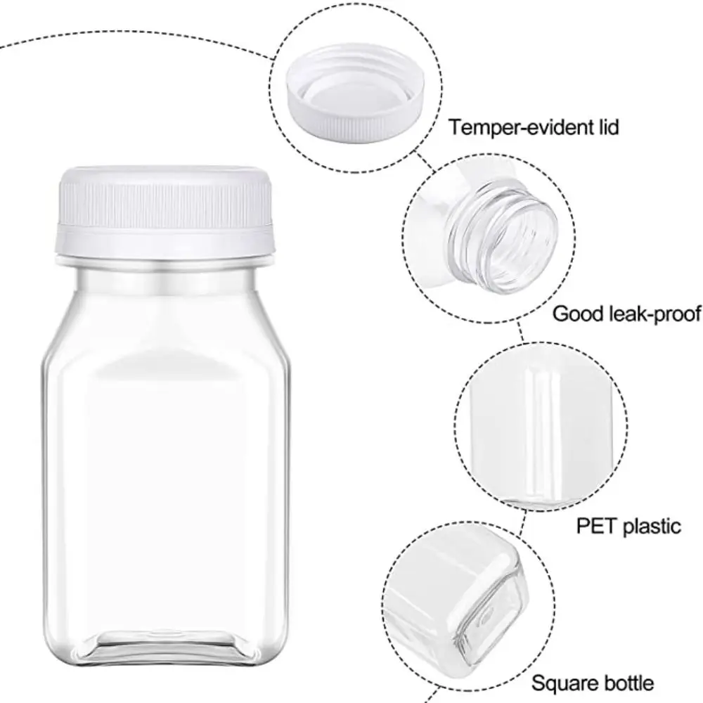 4 Pcs New Plastic Juice Bottles Transparent 120ML/150ML Clear Drink Containers Reusable Tamper Proof Lids Square Bottle Juice