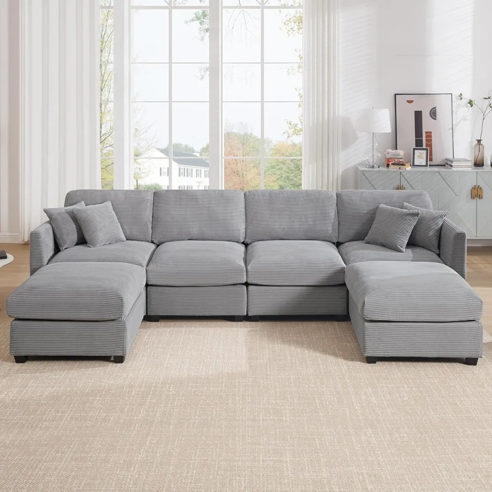 

Convertible U Shaped Sectional Couch 4 Seat Modular Sectional Sofa with 2 Ottomans Deep Seat Modern Corduroy Sofa Set with Chai