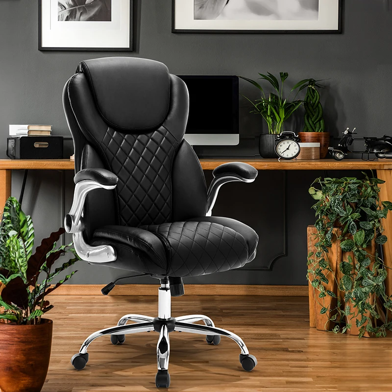 

Ergonomic Office Chair With Flip-Up Armrests And Wheels, Leather Rocking Executive Office Chair, Black On-Site