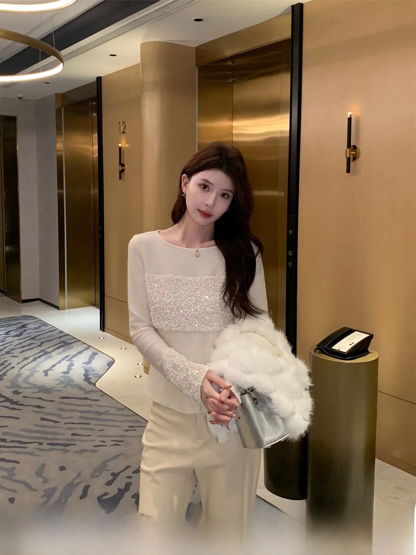 

Женский облегающий эластичный топ Kun Total Knitted Base с пайетками, повседневный, средней толщины, с длинным рукавом, круглый вырез