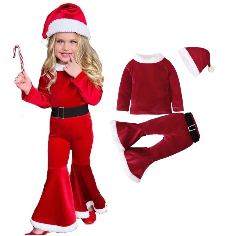 

Girls Santa Claus Costume Christmas Flared Pants Set Kids Cosplay Outfit Party Fancy Dress with Hat for Children Holiday Play