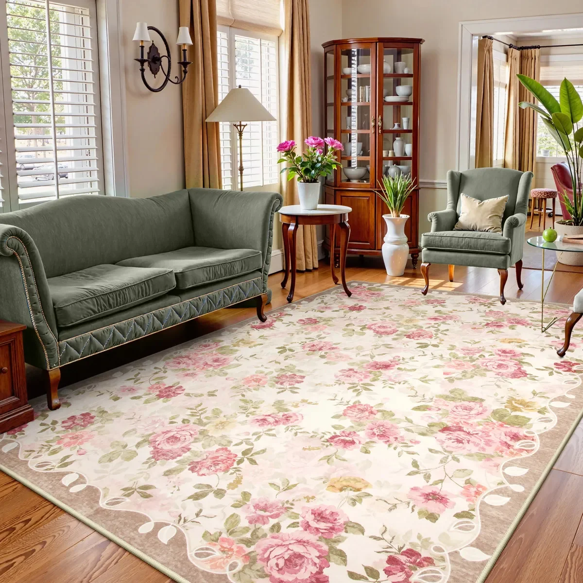 Alfombra vintage para jardín de rosas – Alfombra botánica rosa shabby chic romántica para sala de estar y dormitorio, alfombra suave con acento floral