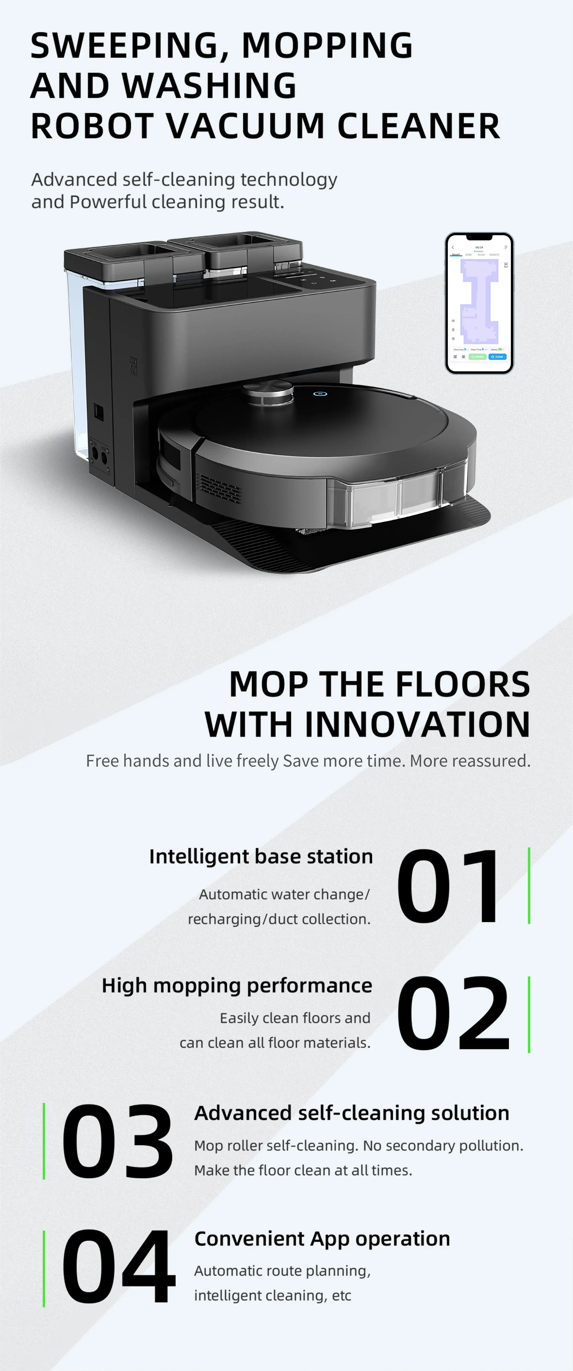 Robot Vacuum And Mop With High Efficiency Floating Vacuum Suction Port