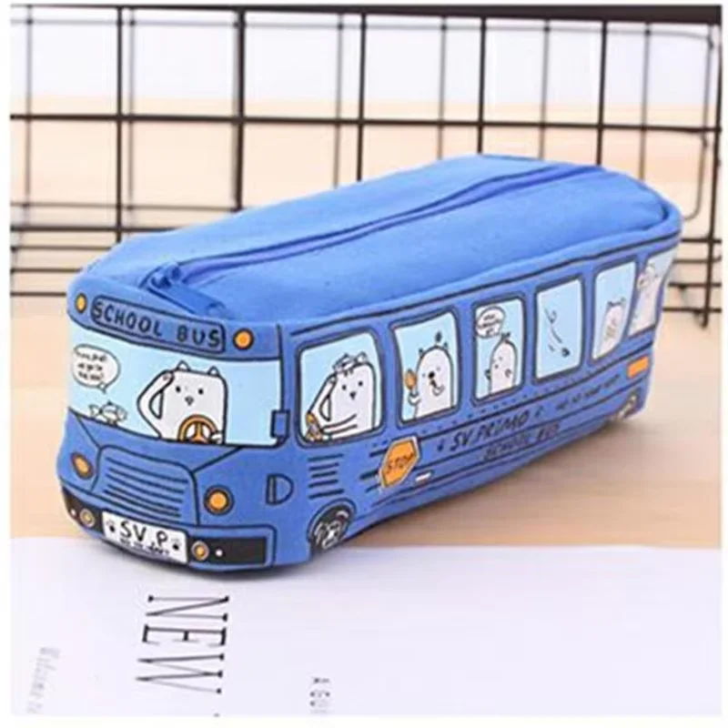 Kawaii criativo ônibus escolar caso de lápis grande capacidade dos desenhos animados animal lona saco de lápis caixa material escolar estojo escolar