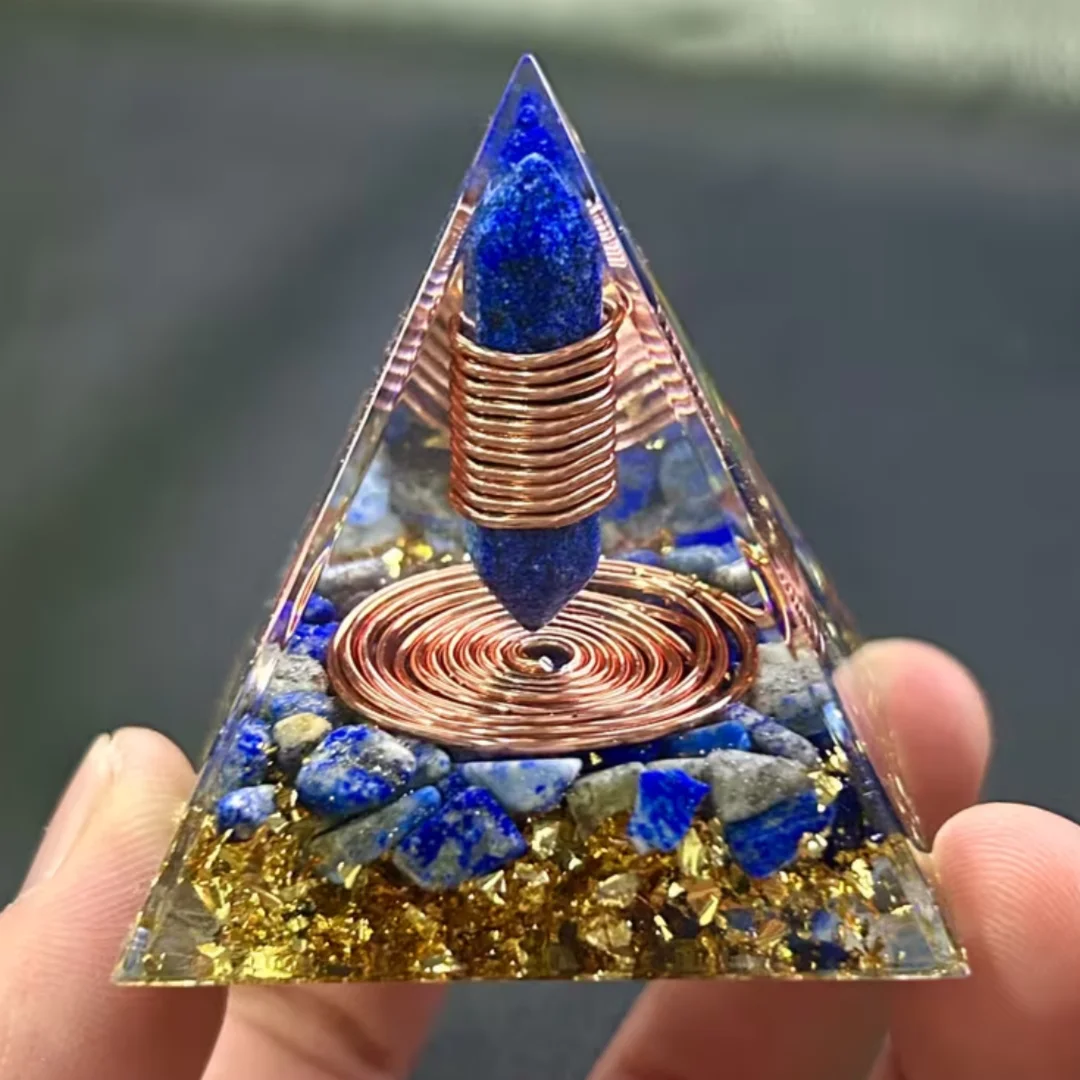 Orgonite Pyramid Lapis Lazuli Tower Point With Copper Spiral Coil Natural Lapis Chips Meditation Home Desk Decor Spiritual Gift