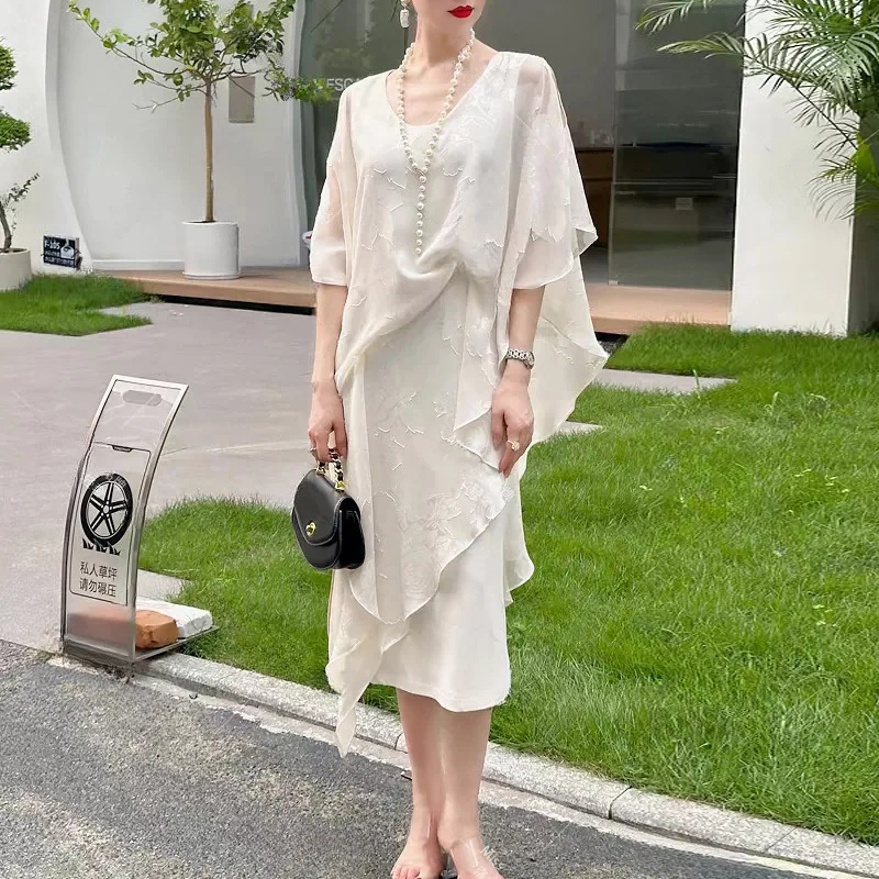 

Original Design Irregular Dresses For Women Summer Fashion Jacquard Chiffon Round NECK Batwing Sleeves Elegant One-Piece Dress