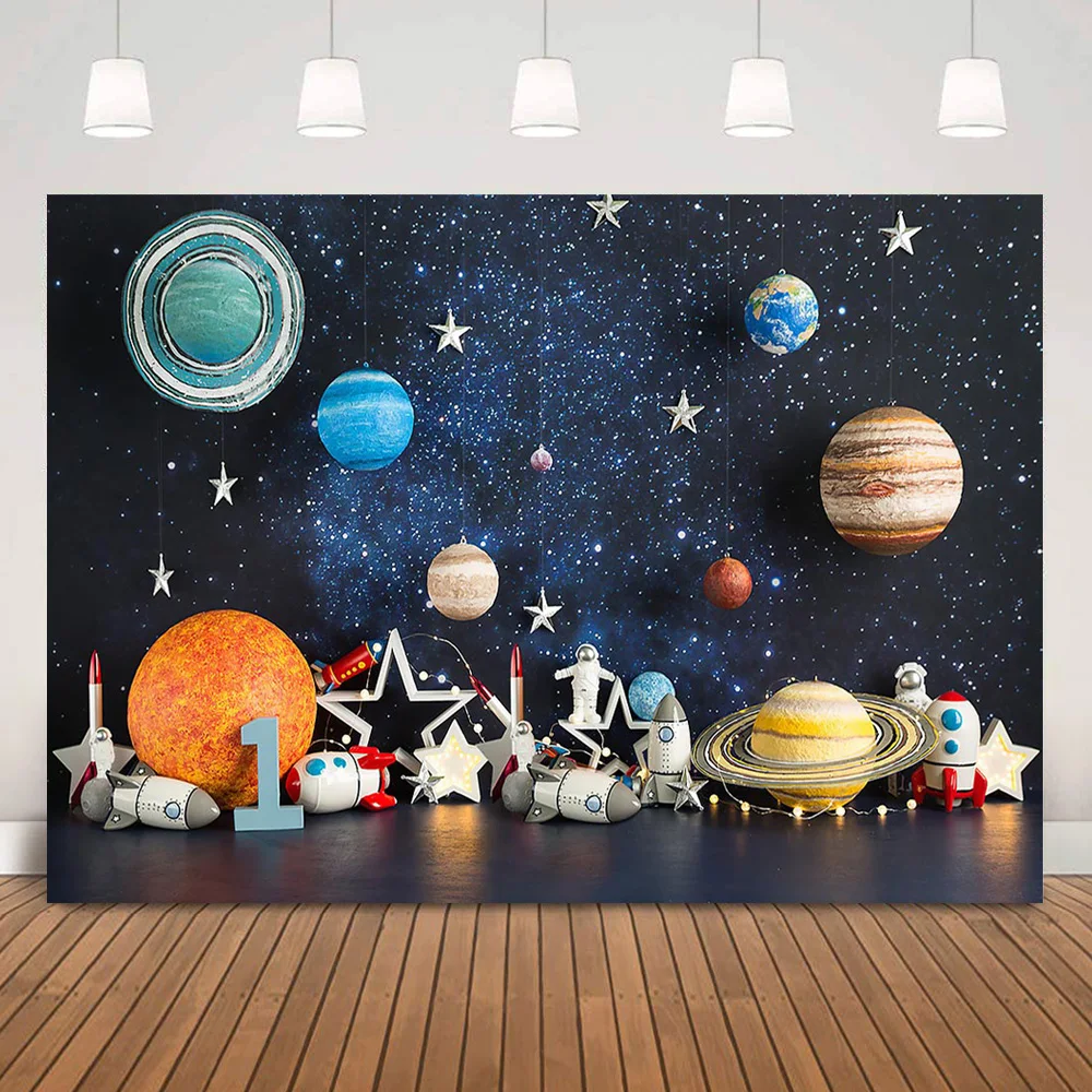 Little Astronaut Birthday Cake Smash Background for Photography Planet Cosmic Adventure Kids 1st Birthday Portrait Backdrop