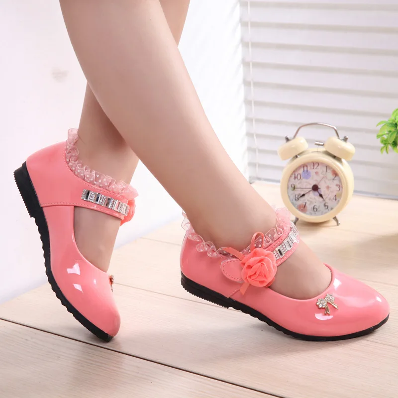 J Ghee Spring Autumn New Fashion Girls Shoes Patent PU Leather Rhinestone Beading Floral Lace Princess Kids Single Shoes 4 Color