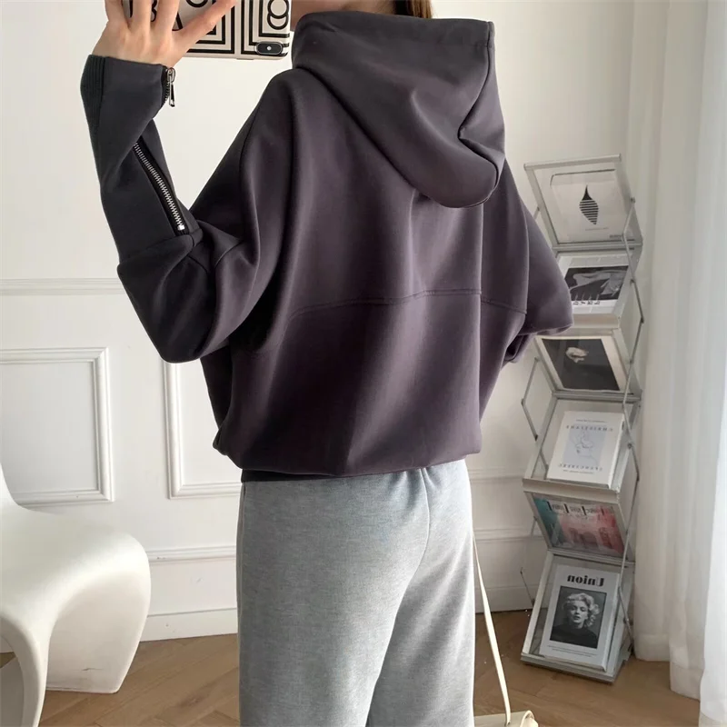 KEYANKETIAN 2024 New Women's Batwing Sleeve Hoodies Dark Grey Cuff Zipper Trim Oversize Loose Pullover Casual Sweatshirts Thick