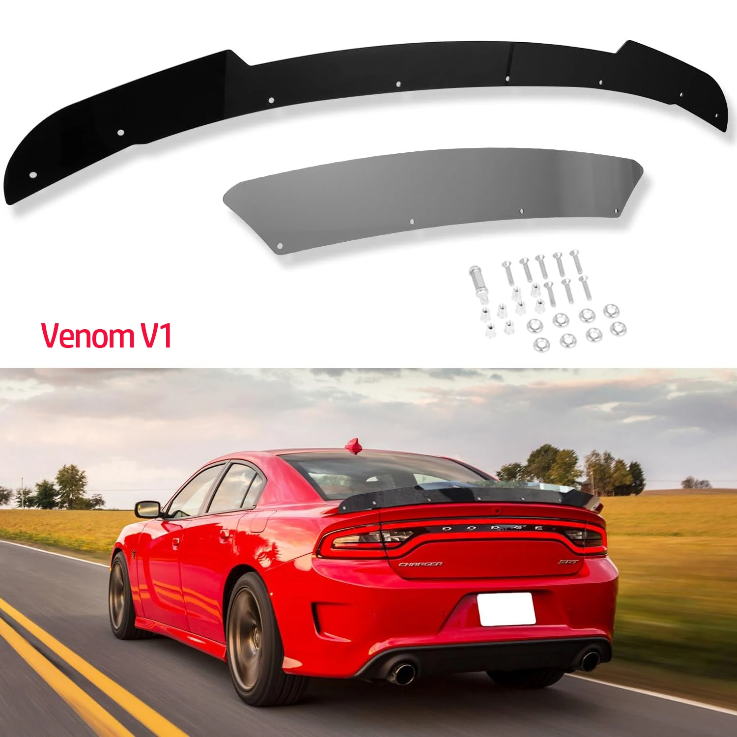 Rear Wickerbill Spoiler Venom V1 Fits for Dodge Charger 2015-2024 SRT ScatPack Hellcat Daytona, with RivNut Tool (Gloss Black)