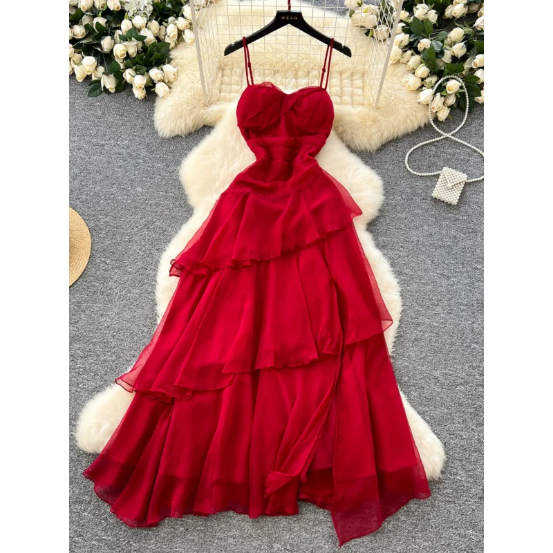 

Red Vacation Style Dress for Women French High-End Pleated Waist-Cinching Strapless Tube Top Irregular Ruffle Long Dress